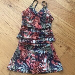 Tropical print tankini swimsuit NEW small floral ruched S swim